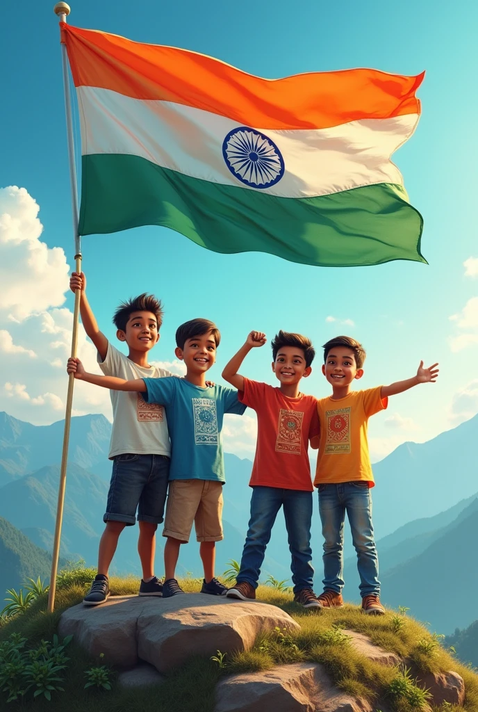 Four boys wearing a Indian t shirt their name are Manish , Suraj , Deepak and Ravi holding indian flang on his hand , they are standing on mountain hill where Indian het flying on the sky removing Indian flag colour on the sky