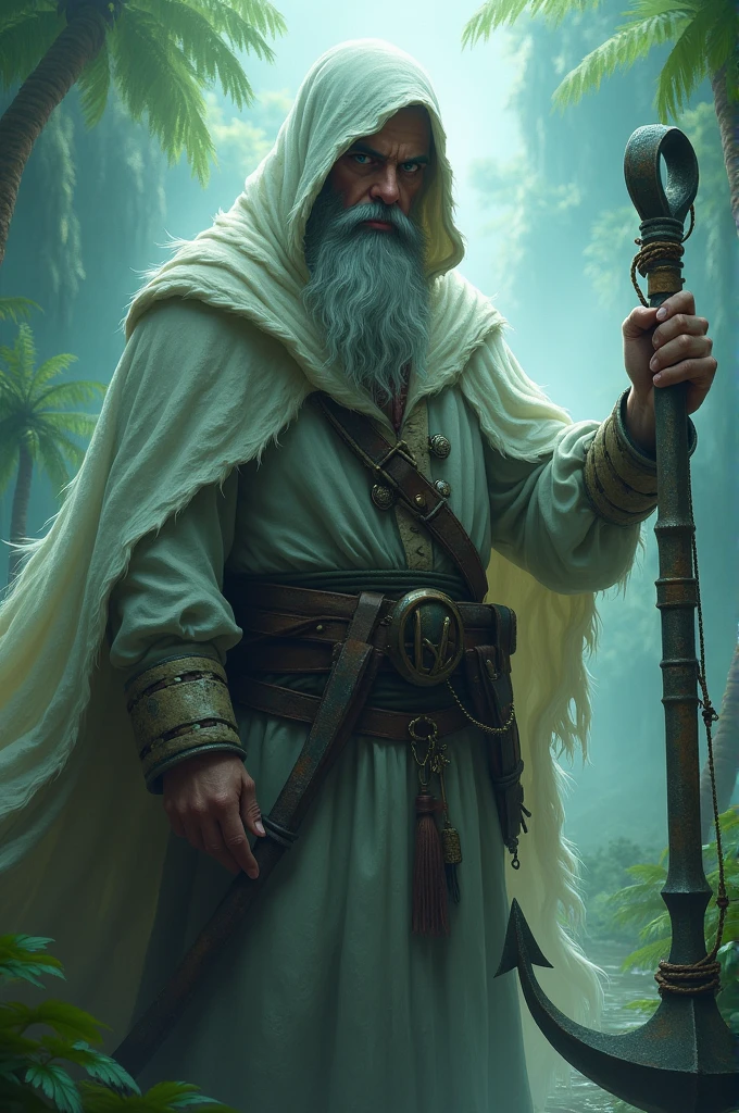 Ghost pirate with an anchor in his left hand, medium beard, a cloak on his back, and a verdant background