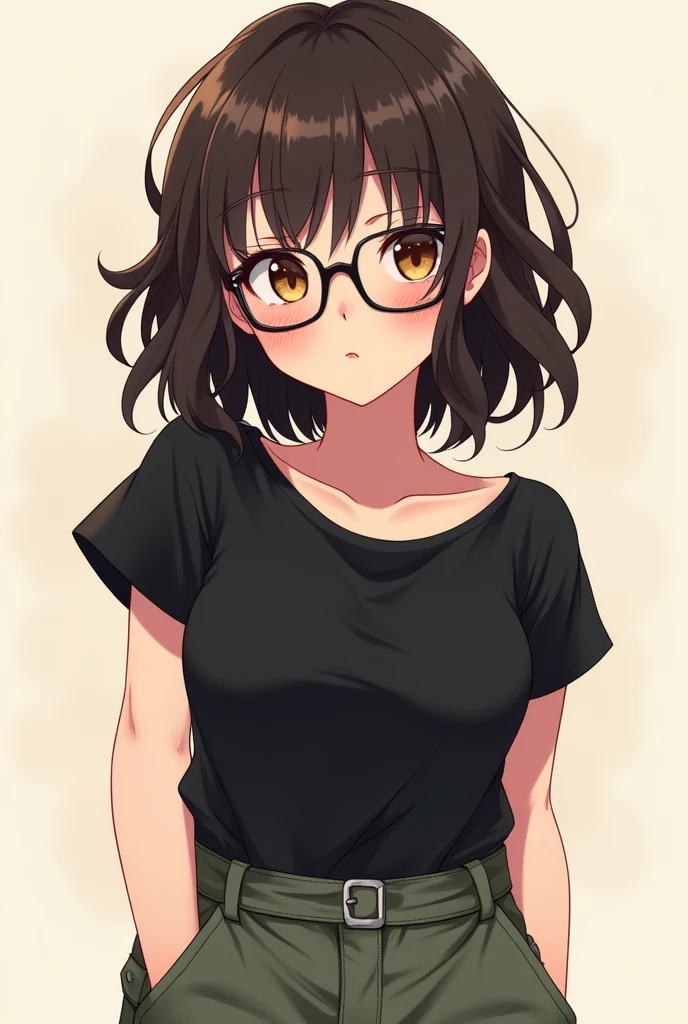 Female anime character with dark brown hair, wearing glasses, a black shirt, a cute face with glasses, and cargo pants.