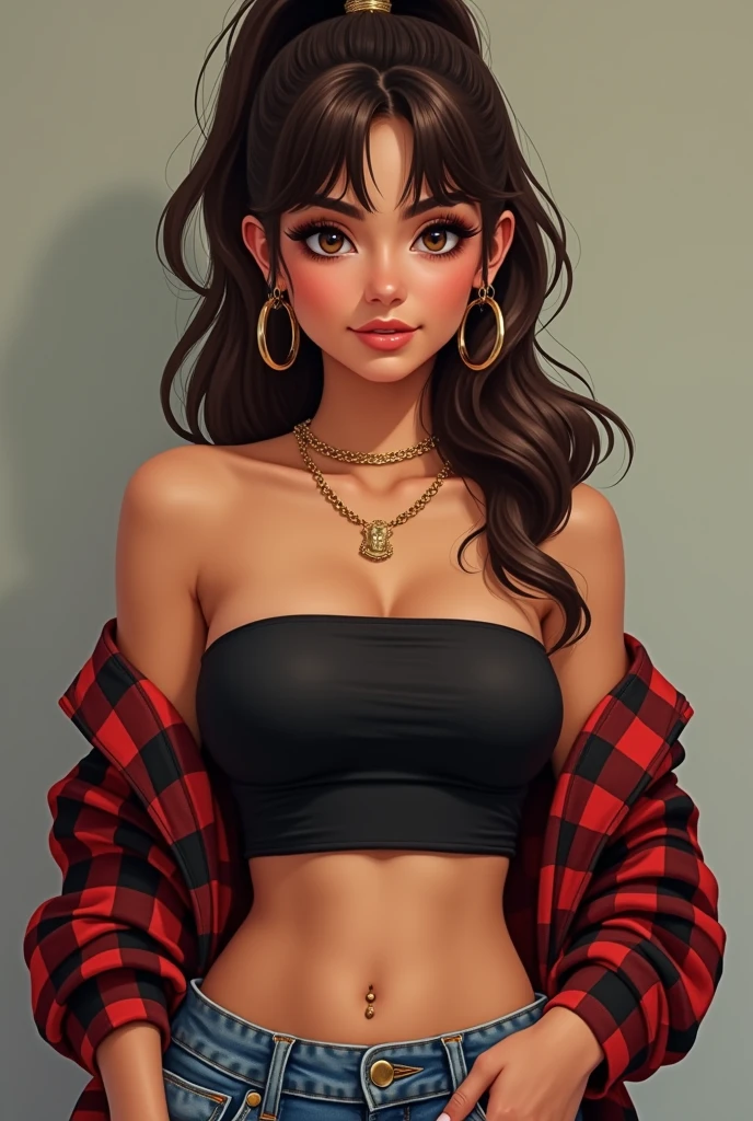 brown mexican girl with hazel eyes and brown hair. wearing a black tube top, a flannel, jean shorts, gold hoop earrings, gold rings, gold necklace, belly button piercing, wavy hair in a high pony tail with curtain bangs. 