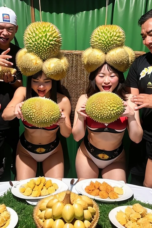 ((best quality)), ((masterpiece)), (detailed),Durian Eating Contest,3 Players,Durians piled high on plates like a mountain,Players stuffing their mouths with durian