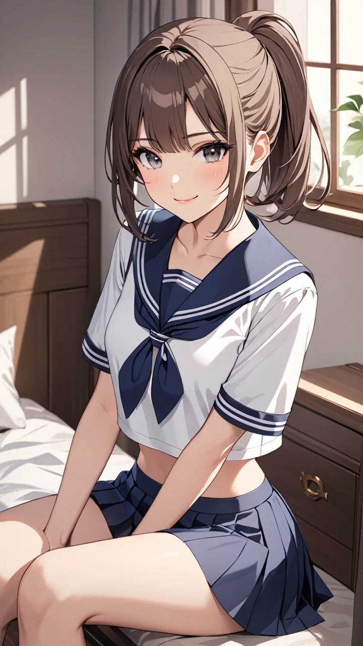 Highest quality masterpiece High resolution masterpiece Brown Bob Grey Eyes, high pony tail cut, wearing sailor uniform, teasing smile, tight, sit, bedroom, midriff peek