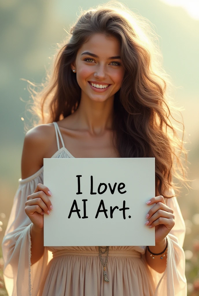 Beautiful girl with wavy long hair, bohemian dress, holding a white board with text "I Love AI art" and showing it to the viewer