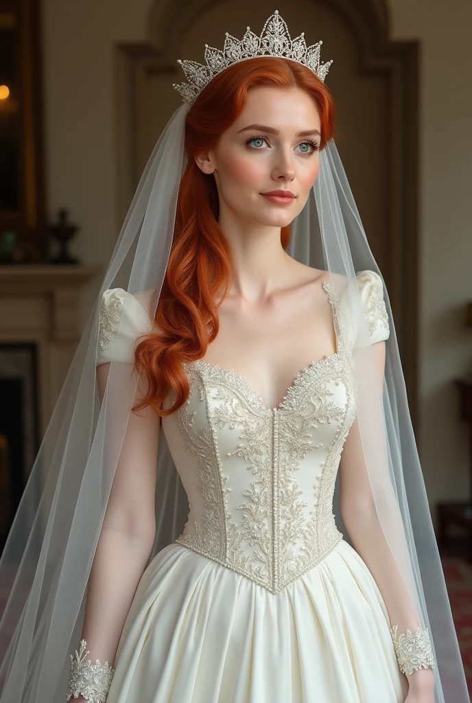 red-haired bride, full body with crown, in a princess cut dress, conservative,long sleeves, white with pearls,Lace and veil