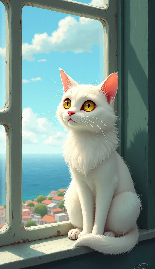 White Cat。The nose is pink。Cool impression。Eye color: yellow。Painterly。Old cat。Ghibli style。Slender body。Long hair。Gazing out the window at the sea and the town。