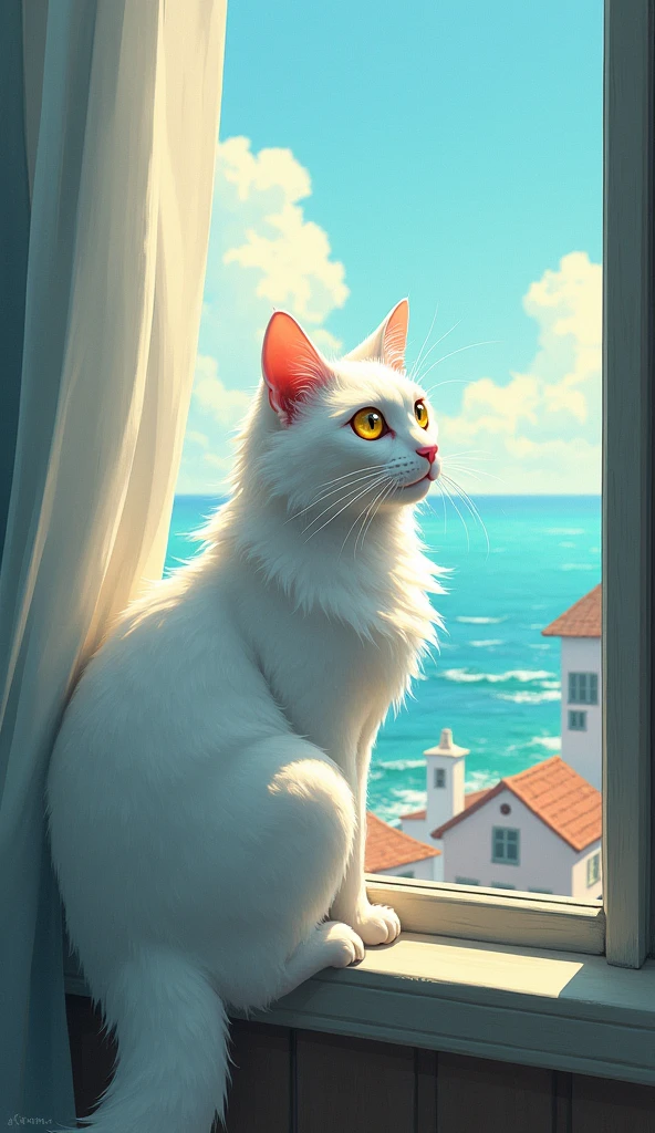 White Cat。The nose is pink。Cool impression。Eye color: yellow。Painterly。Old cat。Ghibli style。Slender body。Long hair。Gazing out the window at the sea and the town。
