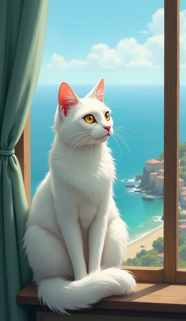 White Cat。The nose is pink。Cool impression。Eye color: yellow。Painterly。Old cat。Ghibli style。Slender body。Long hair。Gazing out the window at the sea and the town。