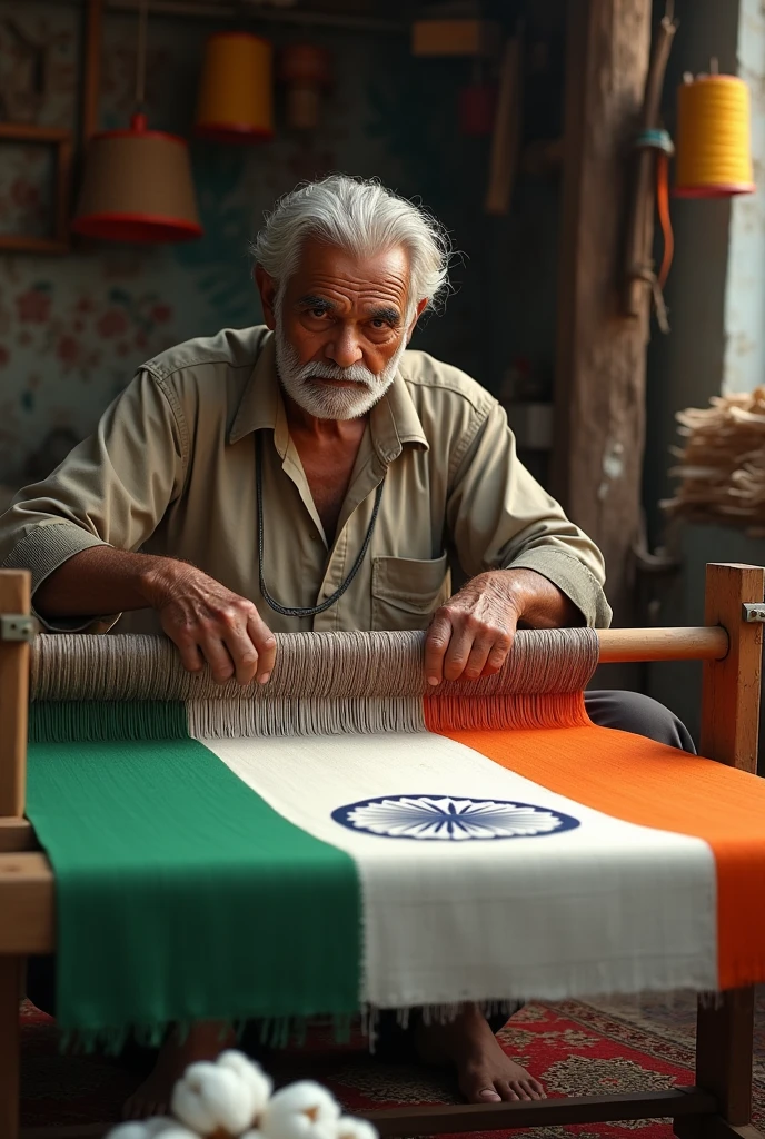 Make a picture that shows a old man works in a handloom industry that's used to make indian flags 
