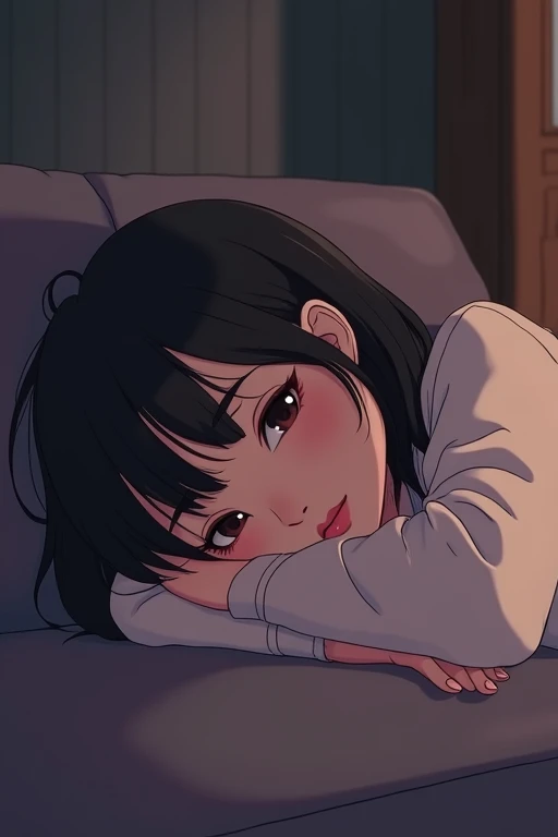 A girl, Lying on the sofa, Looks very interesting, Chinese animation style, Looks depressing, high quality, Extremely detailed, Crazy details, 4K