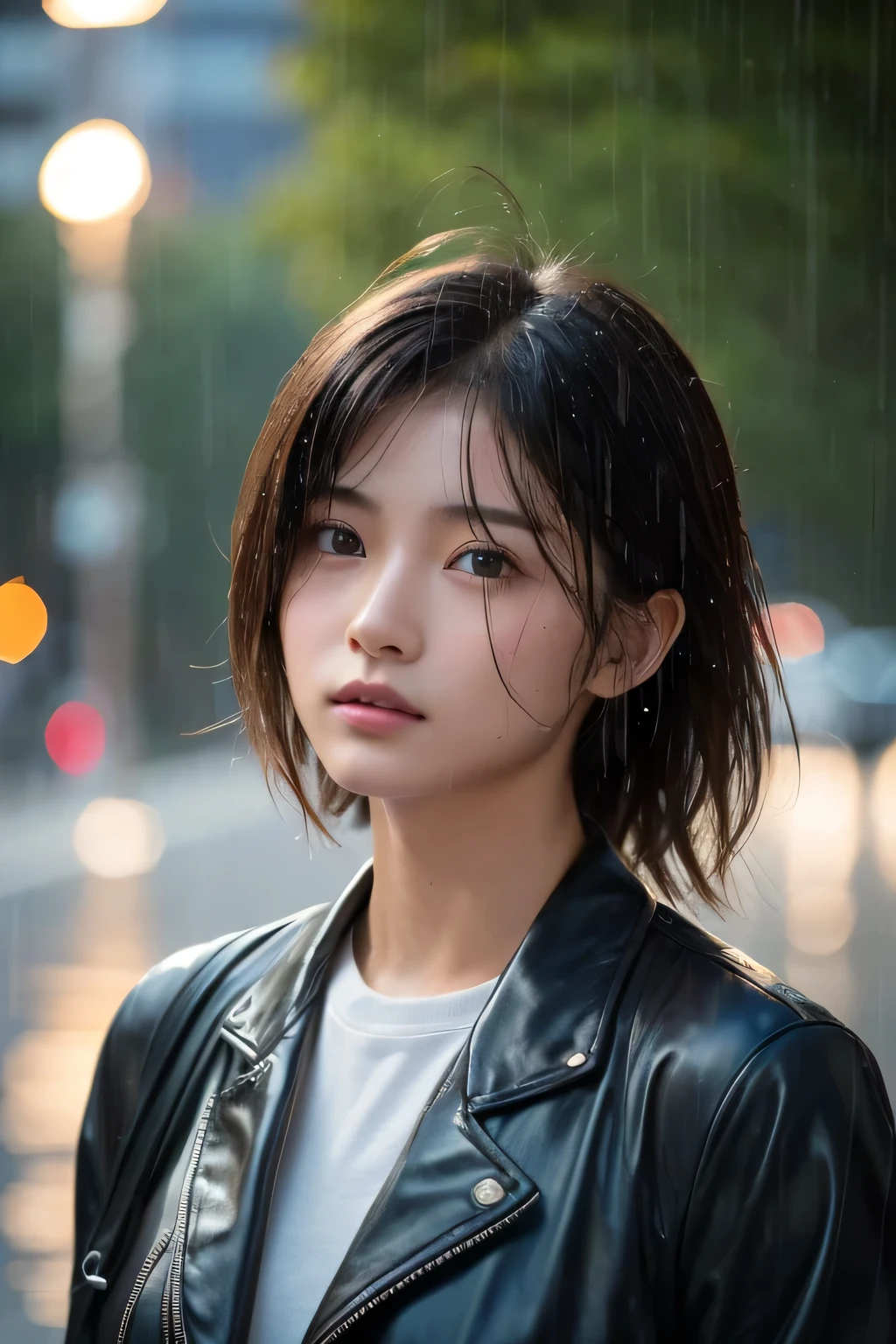 Hair blowing in the wind、Wet Skin、Wet Hair、Wet clothes、(pouring rain)、coastal,A cute girl with a face like a Japanese idol, (Cinema Lighting),(Natural light),(High level of artistry),(artistic),(Indistinguishable quality from the real thing),{{RAW Photos}},{{Genuine}},High resolution,masterpiece, beautiful, Handsome Tomboy, Looks like a salon model, Cool face, Neutral facial features, White bodysuit with metallic accents, nsfw,