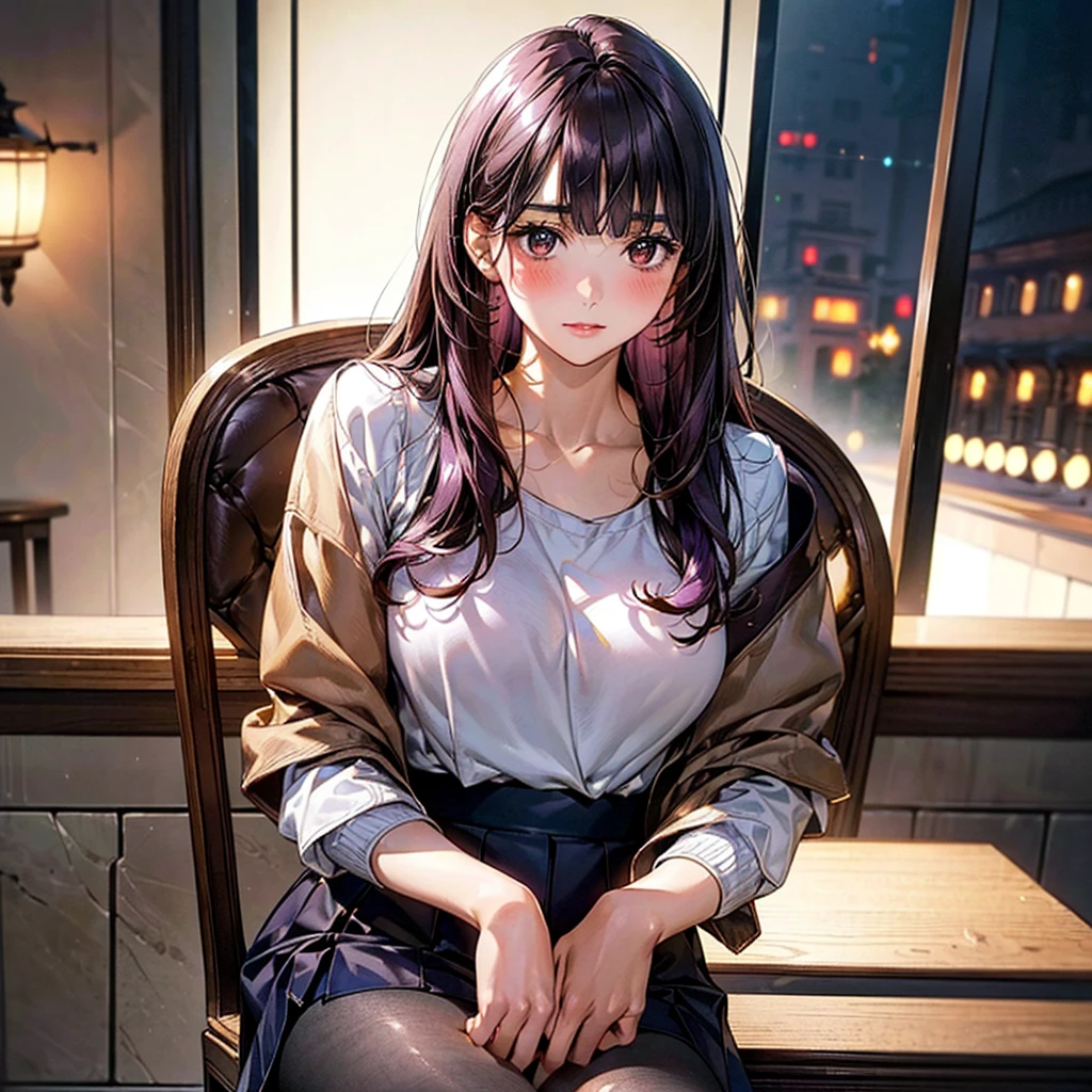 (masterpiece:1.2, Highest quality), (Realistic, photoRealistic:1.4), Beautiful illustrations, (Natural Side Lighting, Cinema Lighting), Surrealism, 
View your viewers, 1 person, Japanese, 22 years old, , Perfect Face, Cute and symmetrical face, , Glowing Skin, 
(Long Hair:1.8, Straight hair:1.7, Hair Intake, Purple Hair), Blunt bangs, Chestnut brown eyes, Big eyes, Slanted Eyes, Long eyelashes, (Medium chest, Thick thighs), 
Beautiful Hair, Beautiful Face, Beautiful attention to detail, beautiful clavicle, Beautiful body, Beautiful breasts, Beautiful thighs, Beautiful feet, Beautiful fingers, 
((Navy jacket, close the jacket, Navy Tight Skirt, White collared shirt), Black Pantyhose), clavicle, 
(Beautiful views), evening, (bar:1.2, Chair), , (Raise your eyebrows, Nervous, blush), 