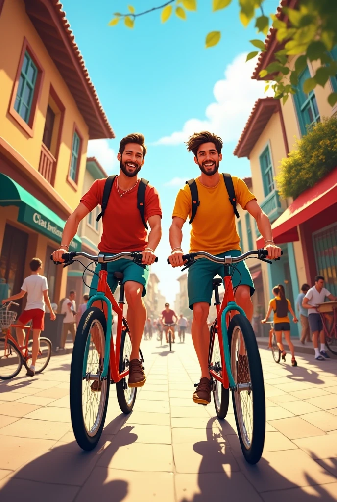 Can you elaborate for me please, a scene of two male characters, cycling in the square. It's morning and they are both very cheerful, animated and happy.
All this in a fisheye perspective