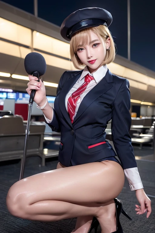 Highest quality,Ultra HD,(((whole body,With legs)))、(((Japanese flight attendant uniform 1.6))), (((Red striped tie, best-dressed uniform、Tekast, white formal short gloves,(黒のHigh heels), ((holding a mini microphone)),Japanese CA,jA small smile,白いTight blouse)))、((navy bowler hat 1.4)), White gloves, High heels、(Photorealistic:1.4)、(Surreal:1.4)、(Realistic:1.3)、 (Gentle lighting: 1.05)、32K、 One Woman、35-year-old woman、Photorealistic Lighting、Backlight、Facial Light、Ray Tracing、(bright:1.2)、(Improvement of quality:1.4)、 (Highest qualityのリアルテクスチャスキン)、Beautiful Eyes,delicate and elegant features, White blouse,Tight blouse,tight best-dressed uniform, (Enhance your body line:1.1),((Glowing Skin 1.4))、((blonde short bob 1.5)),Korean Idol、Idol Pose、A small smile,blush,Beautiful actress、A proper woman,whole body, (((Small and beautiful breasts))),(Perfect teeth alignment),narrow waist and hips,Beautiful legs,Full Shot)、(((Charm、Embarrassing))),(eye shadow),((Red cheeks、Red lips)),Very beautiful night view、At night,A small smile,(((Full Shot)))、(((airport terminal background 1.5))),