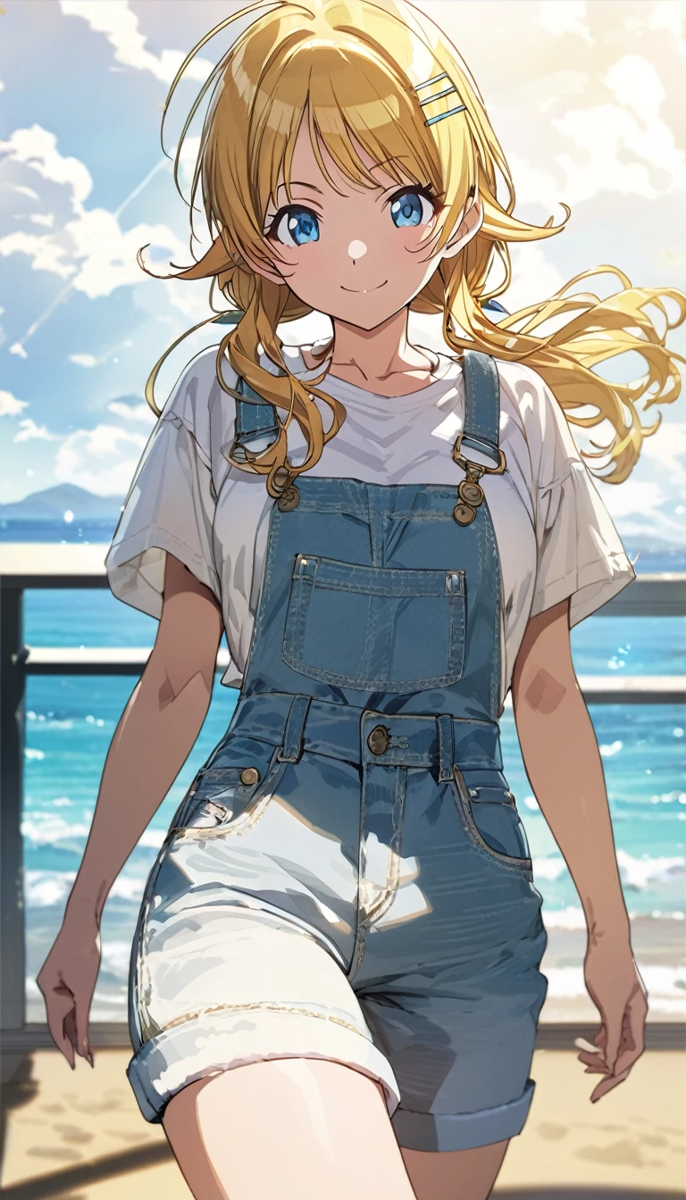 (masterpiece),(Highest quality),(Very detailed),(Best illustrations),(Best Shadow),(Absurd),(Detailed Background),(so beautiful), 
Anime style,
official style, Hachimiya Meguru, idolmaster shiny colors,
very aesthetic, best quality, intricate, overall detail,
100-layer, {{{{ultra-high resolution}}}}, {{{hi-vision anime}}}, hyper-detailed,
one person&#39;s, alone,
blonde, hair ornaments, Twin tails, Hair Clip, Long Hair, 
smile, Blue Eyes, Beautiful eyes down to the last detail,
chest,
Yellow swimsuit, White T-shirt, Short denim pants, Denim is leg length, 
cowboy shot, facing the front, {{straight-on}}, close to viewer, 
Ocean, Ocean辺, Sandy Beach,
noon, sunlight, cloud, Background Blur, 