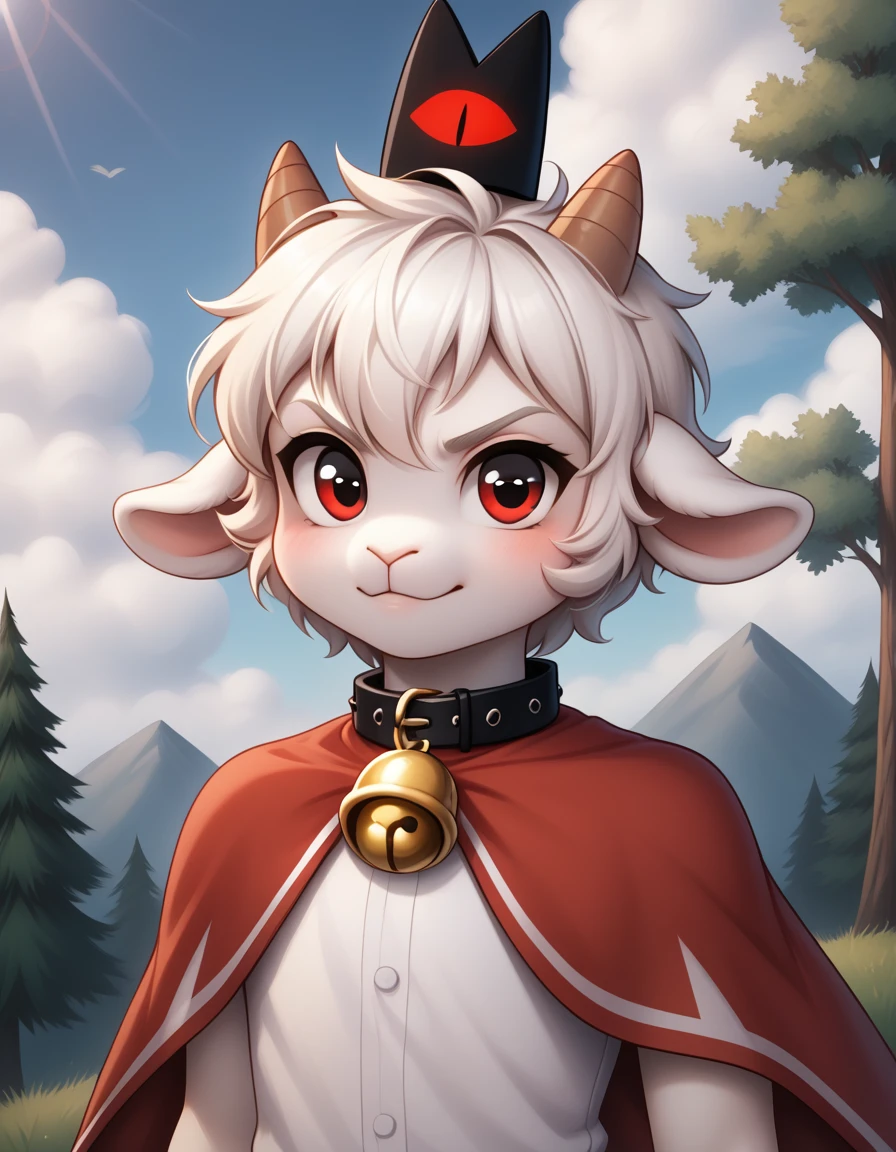 (best quality, high quality:1), cult of the lamb, sheep, male, cute, anthro, short, white fur, fluffy, small horns, angry face, looking at viewer, black eyes, clothes, red cape, black collar with bell, black crown with red eye, sky, clouds, spruce, forest background, safe, 