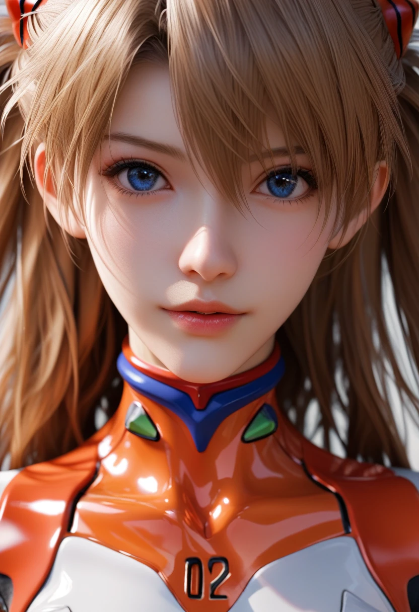 score_9, score_8_up, score_7_up, Asuka Langley Soryu in plugsuit, charming face, Neon Genesis Evangelion, Close-up details, realistic style photo young woman, platinum brown hair, long hair, outstanding style, tall, cute, in her teens. Use soft lighting to cast gentle shadows on the subject, adding a touch of dimension to your images without compromising details,