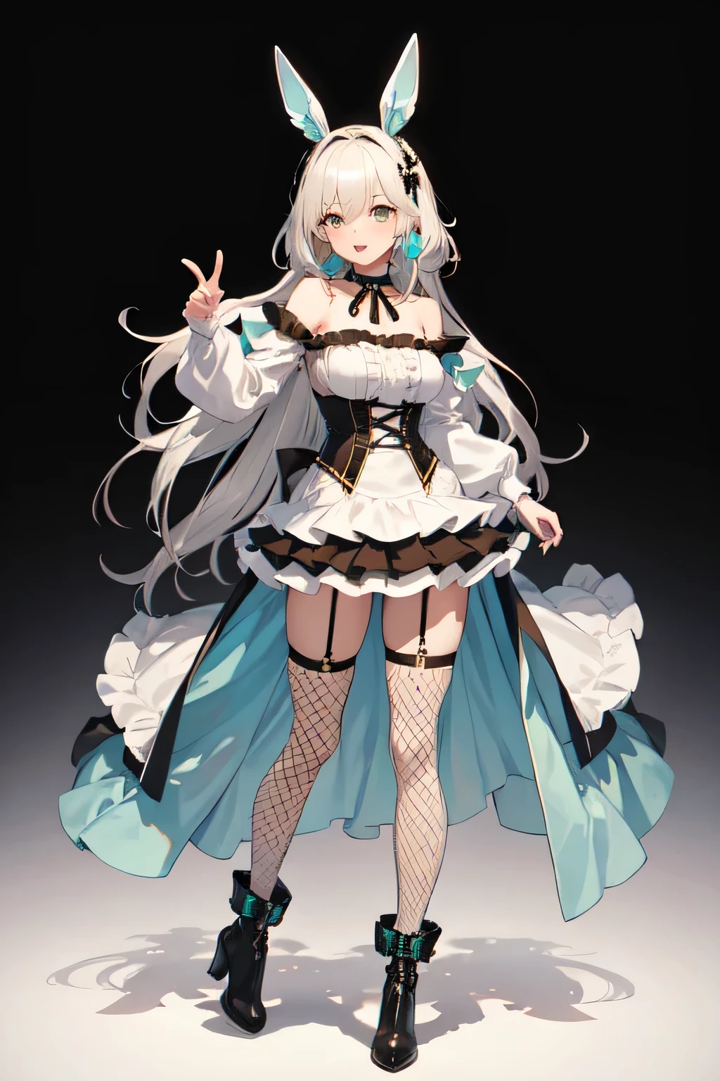 One energetic and cute,White knit,Mint green fishtail dress,Black hot pants,Choker on neck,Silver-haired long-haired,Half Twin,Black fishnet stockings,Black garter belt,White skin,Idol Costumes,Full body front view,Frills,Brown platform boots.