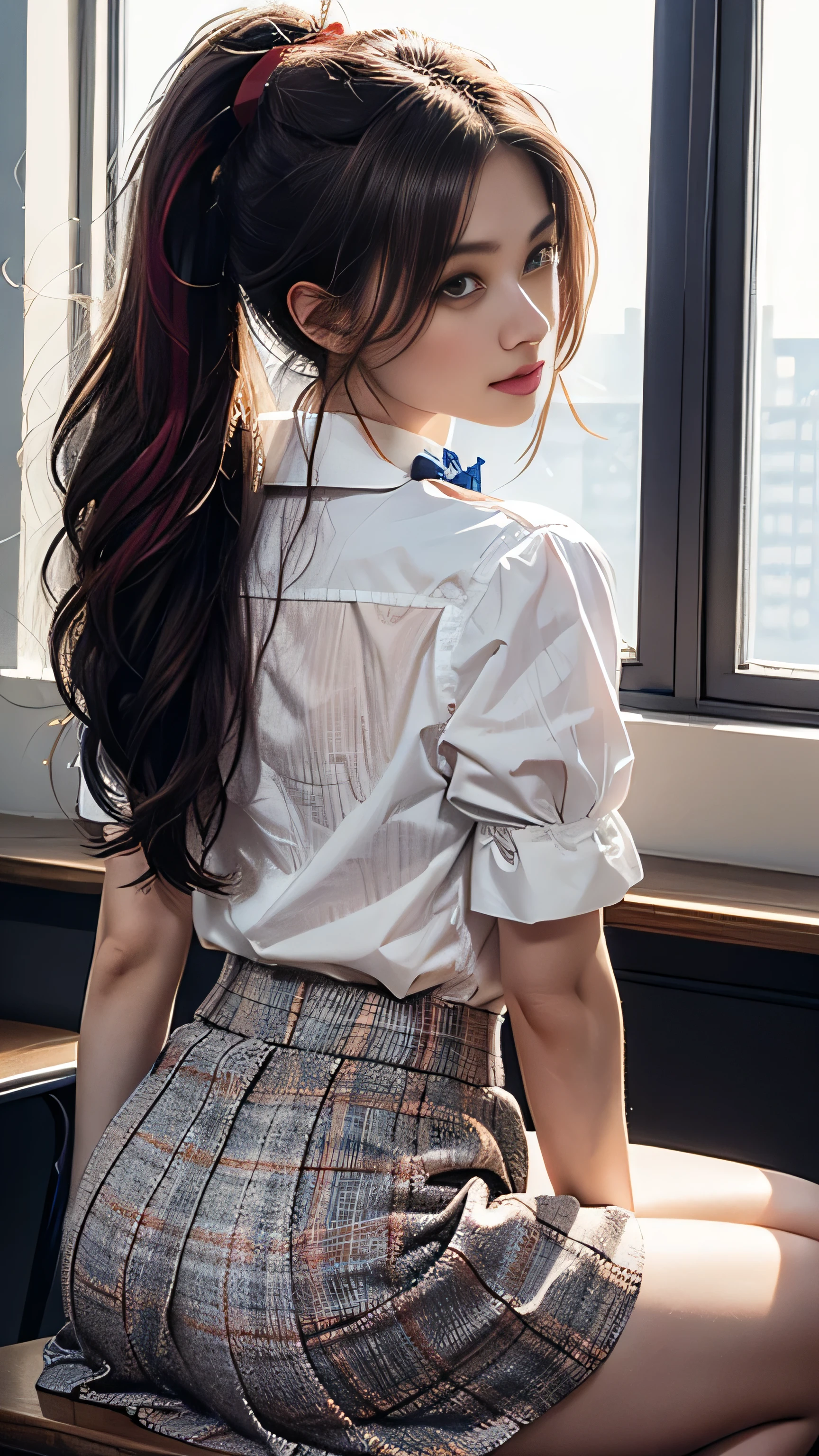 Realistic, High resolution, Soft Light,1 Female, alone, (Detailed face),(Female student), jewelry, ((sitting at a desk in the classroom))，((Hair with blue mesh))、((TranslucentWet、White blouse、Loose red bow tie、Check skirt))、style，(Medium sized breasts), Long Hair、((ponytail))、((Rear-up skirt))、((mix４))、((Colorful colored hair)),((Underwear is visible)),((She&#39;s wet)),