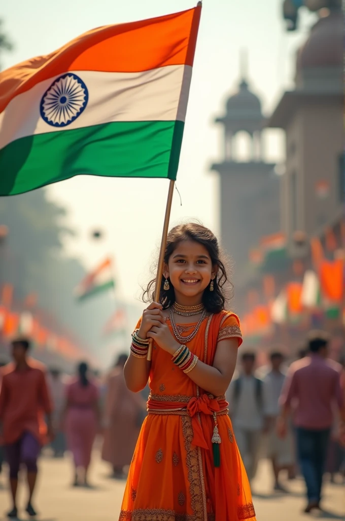 A girl holding Indian flag on independence day