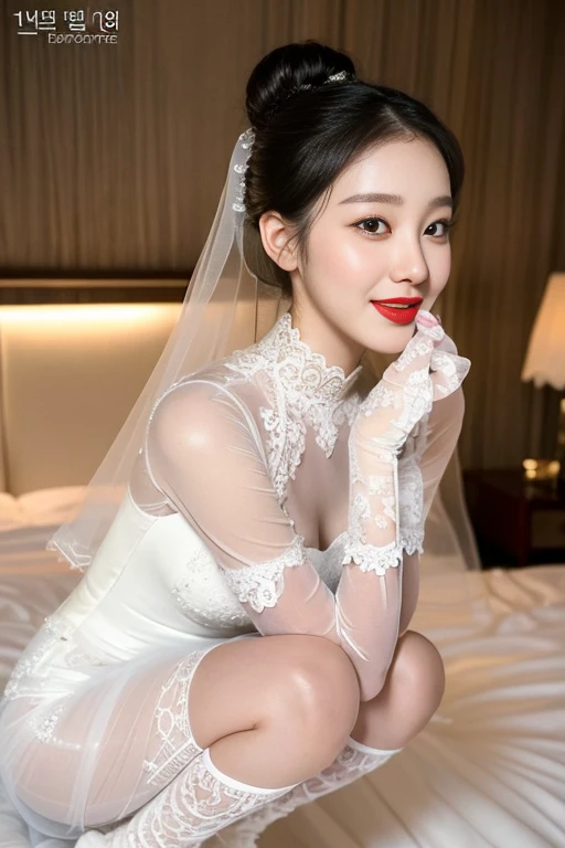 A korean girl squatting , (Photo realistic, masterpiece, best quality, ultra detailed, realistic skin, intricate details, exquisitely detailed, beautiful composition, extremely intricate, realistic humid skin, perfect anatomy, exquisitely detailed skin), solo, 1 girl, ((Wearing a gorgeous bridal costume)),((light tulle sheer wedding dress, white lace wedding veil, white lace gloves)), (beautiful_eyes, pretty face, red lips, high nose bridge), (19 years old, korean woman), wide hip, black hair, hair_bun, in the house, on the bed, smile, open mouth, spread mouth, hands behind her, legs open in an M shape,