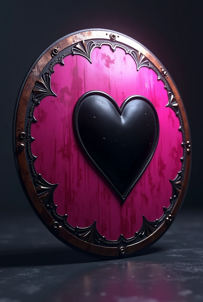 Pink shield with a black heart in the center