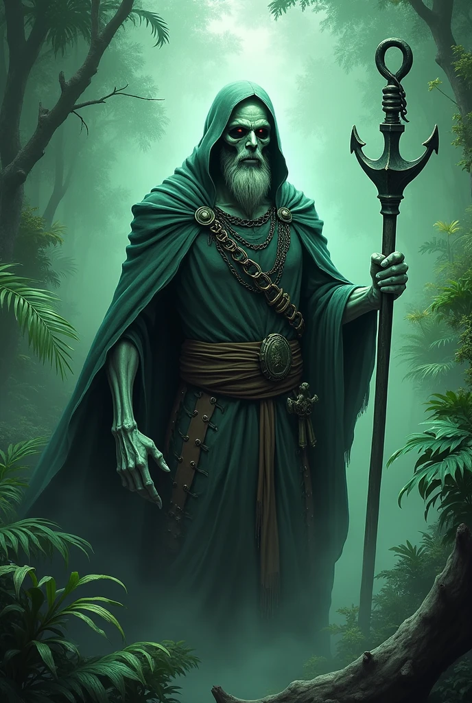 Ghost pirate with an anchor in place of his left hand, medium beard, a cloak on his back and a verdant background