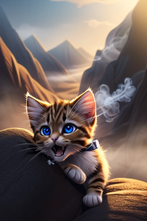 (Highest quality、masterpiece、8k))、Anatomically correct、Very detailed、High resolution、Cinematic lighting、Realistic、((Beautiful, sparkling, detailed eyes))、Intricate details、((Dynamic composition))、Cute kitten、Big head、(((A kitten exhaling white breath:1.4)))、((fog:1.4))、Valley、((Open your mouth))