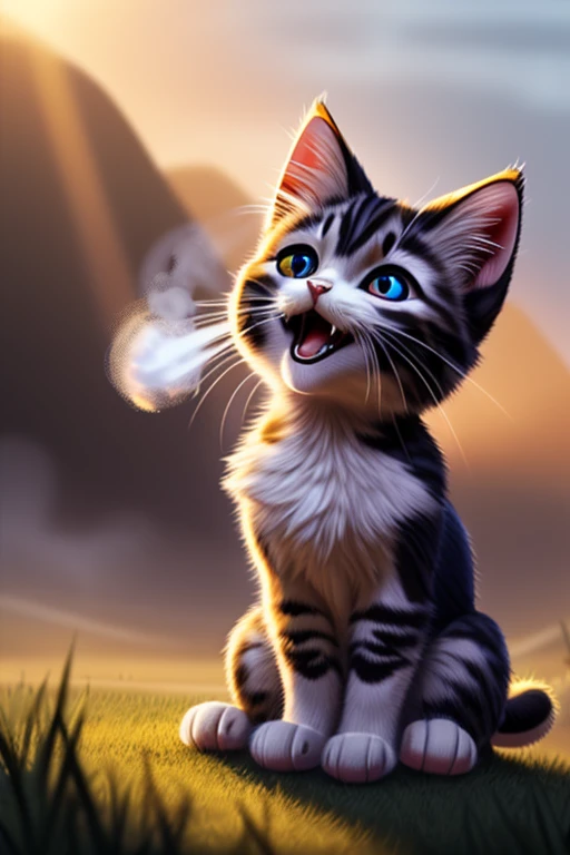 (Highest quality、masterpiece、8k))、Anatomically correct、Very detailed、High resolution、Cinematic lighting、Realistic、((Beautiful, sparkling, detailed eyes))、Intricate details、((Dynamic composition))、Cute kitten、Big head、(((A kitten exhaling white breath:1.4)))、((fog:1.4))、Valley、((Open your mouth))