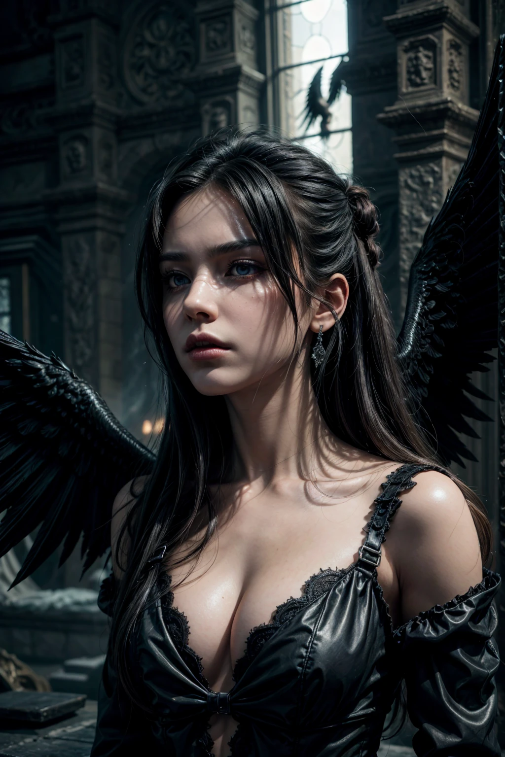 stunning dark fantasy woman, 1girl, dramatic lighting, dramatic pose, flowing black dress, black wings, dark angelic, demonic, fallen angel, occult, masquerade, gothic, moody, dramatic lighting, cinematic, ornate, intricate details, masterpiece, highly detailed, digital painting, concept art, photorealistic, 8K, HDR, cinematic lighting, dramatic shadows, deep colors, rich textures, dramatic expression, intense gaze.