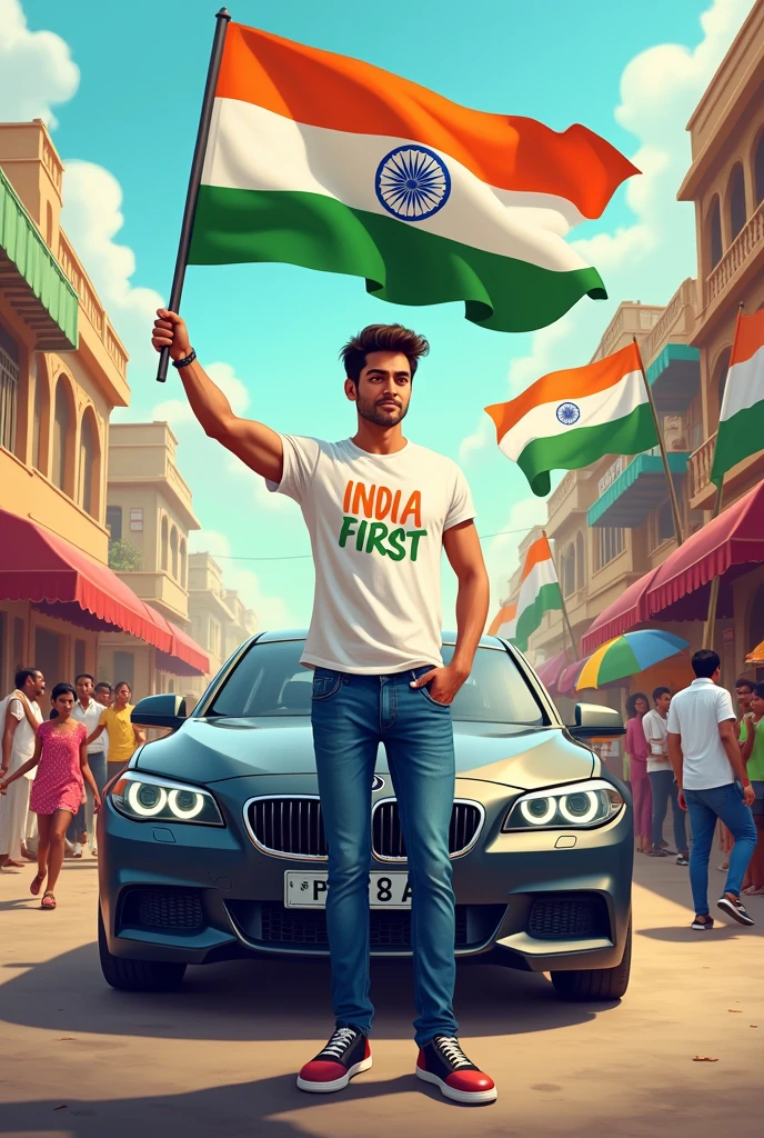  “Illustration of an 18-year-old Indian boy standing next to a luxury car, holding the Indian flag high. The background features a colorful Indian street filled with children running with flags, vendors selling sweets, and a group of men chatting at a tea shop. The boy is wearing jeans and a white t-shirt with ‘Salman khan’ on it, and the text ‘India First’ is written in 3D at the top.”