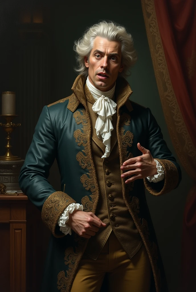 handsome man in 18th century clothes being obsessed