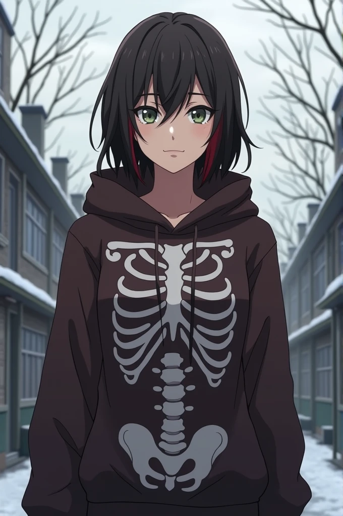 tall girl, anime style, with light skin, dark brown shoulder-length hair with dark red streaks and small almost-brown green eyes. She's wearing a very dark brown hooded sweatshirt with a skeleton torso design. The setting is the schoolyard, but with a colder atmosphere (perhaps early winter), In muted colors, bare trees and a cloudy sky. The girl appears older and larger, exuding an alpha presence with a confident posture, she's big and a little stout or broad, She's not a skinny girl. The overall style remains consistent with the anime 'My Hero Academia'.