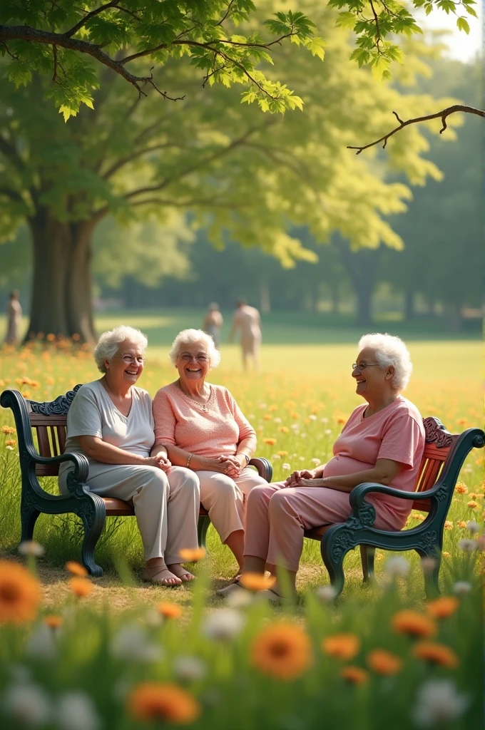 Group of very happy elderly ladies sitting on the pretty benches of a field full of trees and flowers