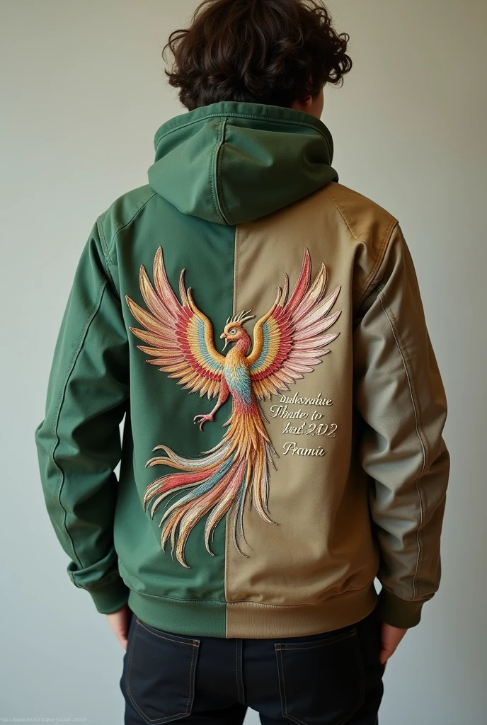 You could create a prototype of a hoodie-type prom jacket., Physical education coveralls, for prom 20245, A very pretty animal, the one you want embroidered, Colors like, green, beige, khaki, gray, Below the phoenix the name of the students type fabric scraps, like two types of colors, that have a phrase, cotton fabric.
I want it to be like several cuts in the fabric like a curve and one part one color and another part another, etc, The colors could be combined with the chromaticity, elegant