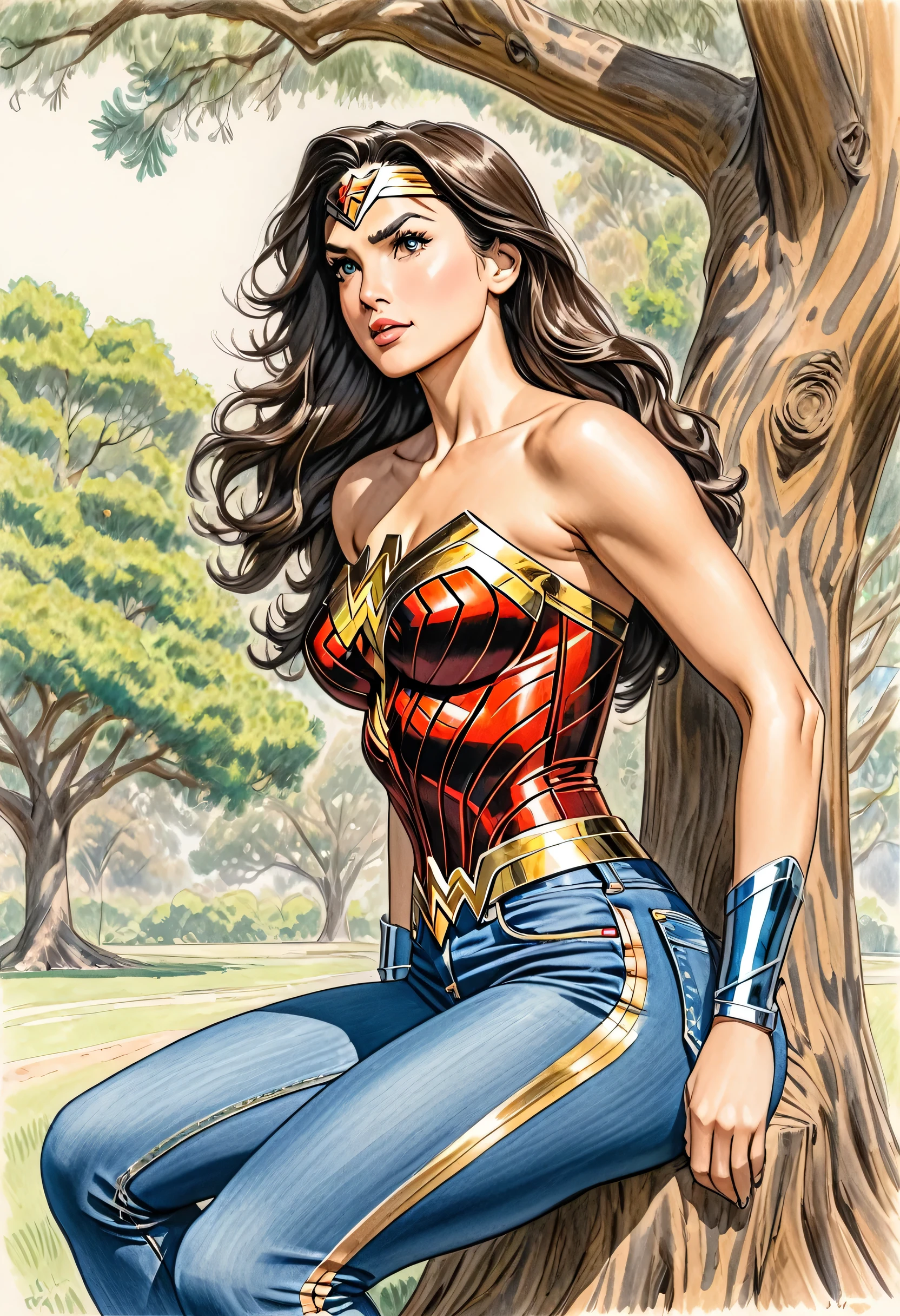 A colored pencil sketch of Wonder Woman, a beautiful woman., Tight brown spandex top, Bust shaking big, Tight high-waisted jeans. curve, Thin waist, wide hips, Hips swaying. Natalie Emmanuel fusion.. She's sitting seductively under a live oak tree.