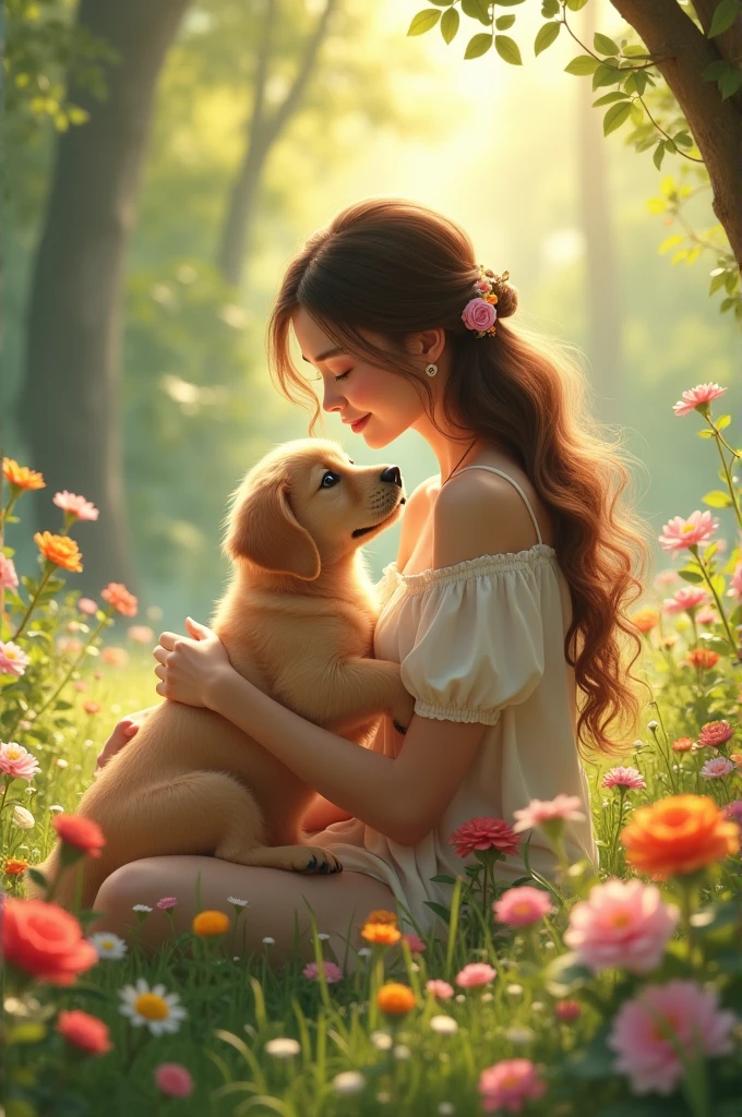 Please draw a pretty girl sitting in a garden.。She is holding a golden retriever puppy、They are looking at each other。The expression on his face looks happy.、The puppy seems safe in her arms.。Bright flowers around the garden々or tall trees々There is、The beauty of nature spreads。Bright sunlight and a gentle breeze embraced the two of us.、There is a calm atmosphere in the air。