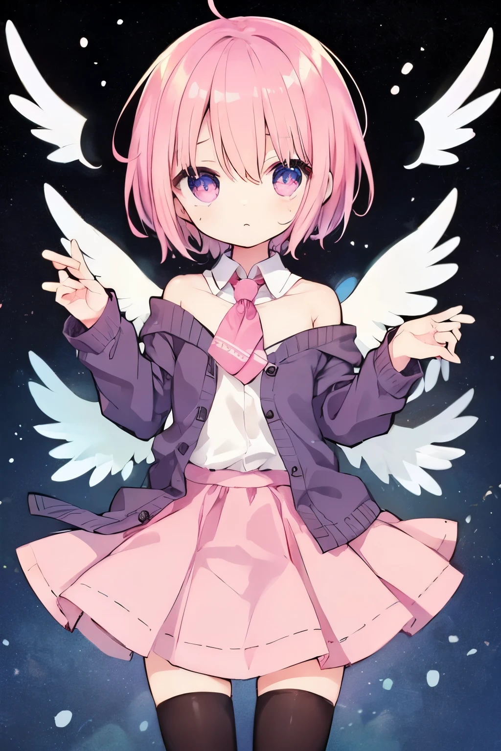 Pink short-cut hair,cardigan、Pink Skirt、Putting on a collar、Elementary school girl、Very beautiful and Shining Eyes、Shining Eyes、1 person、Devil's wings sprout from the head、(((((Small body)))))、heart❤、((Sweat、vapor))