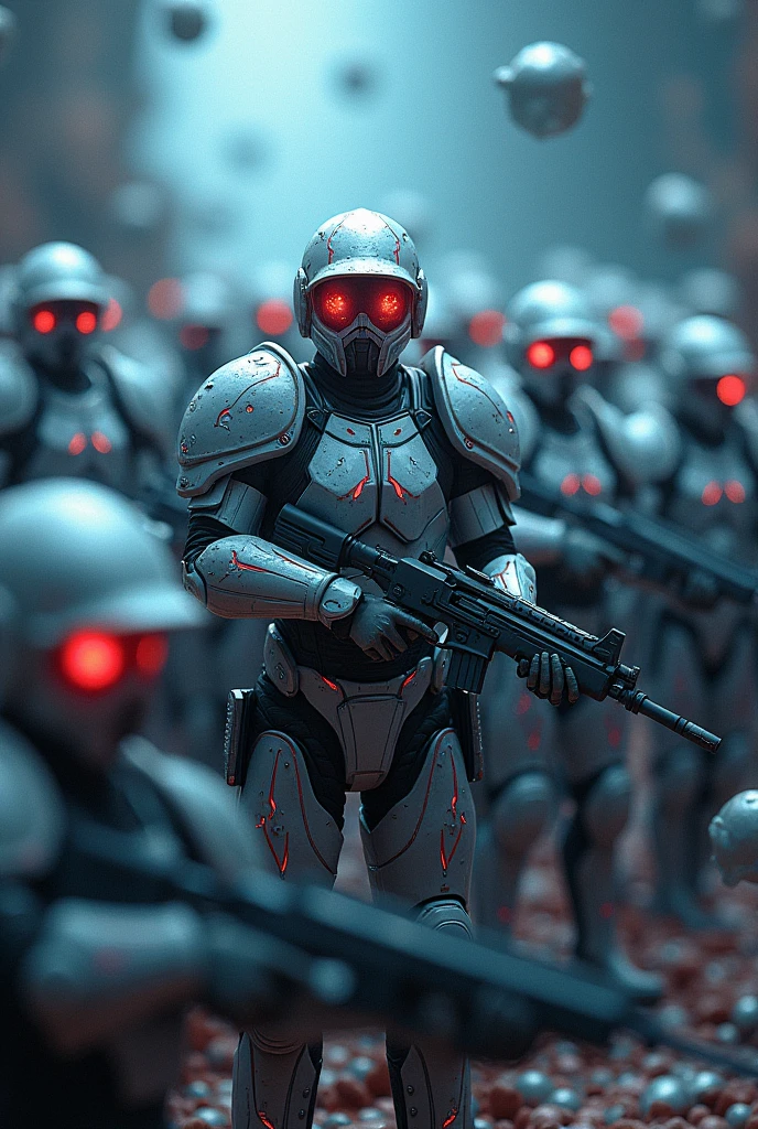 A group of white blood cells gathering together,all with weapons and armor made of antibodies