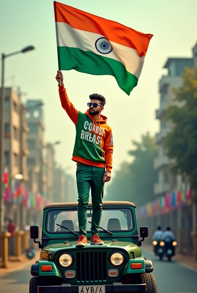 Realistic image of an Indian city road in the background. A beautiful young man stands through the hood of a Thar Jeep, holding a 15 August Indian flag. He is dressed in a 15 August-themed hoodie and pants with ‘DEVASHISH’ printed on the hoodie, wearing black sunglasses. The scene is vibrant and patriotic, capturing the essence of India’s Independence Day.”