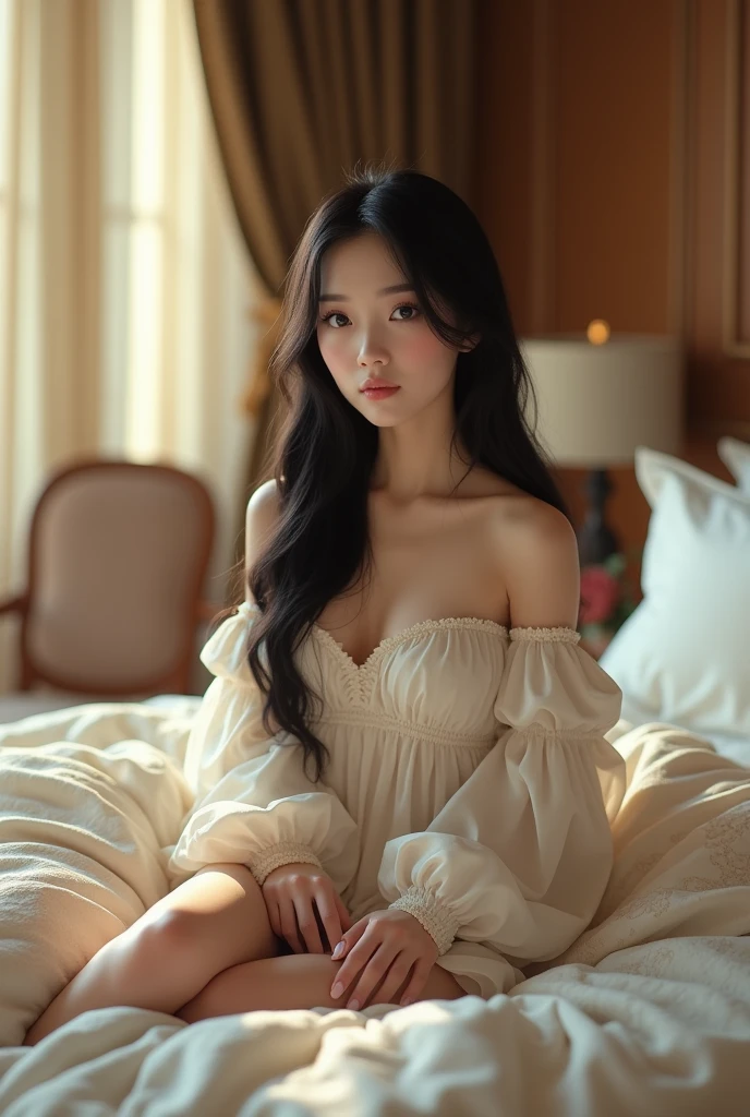 Beautiful Japanese girl sitting on a bed in a luxurious hotel. Looks like a real person.