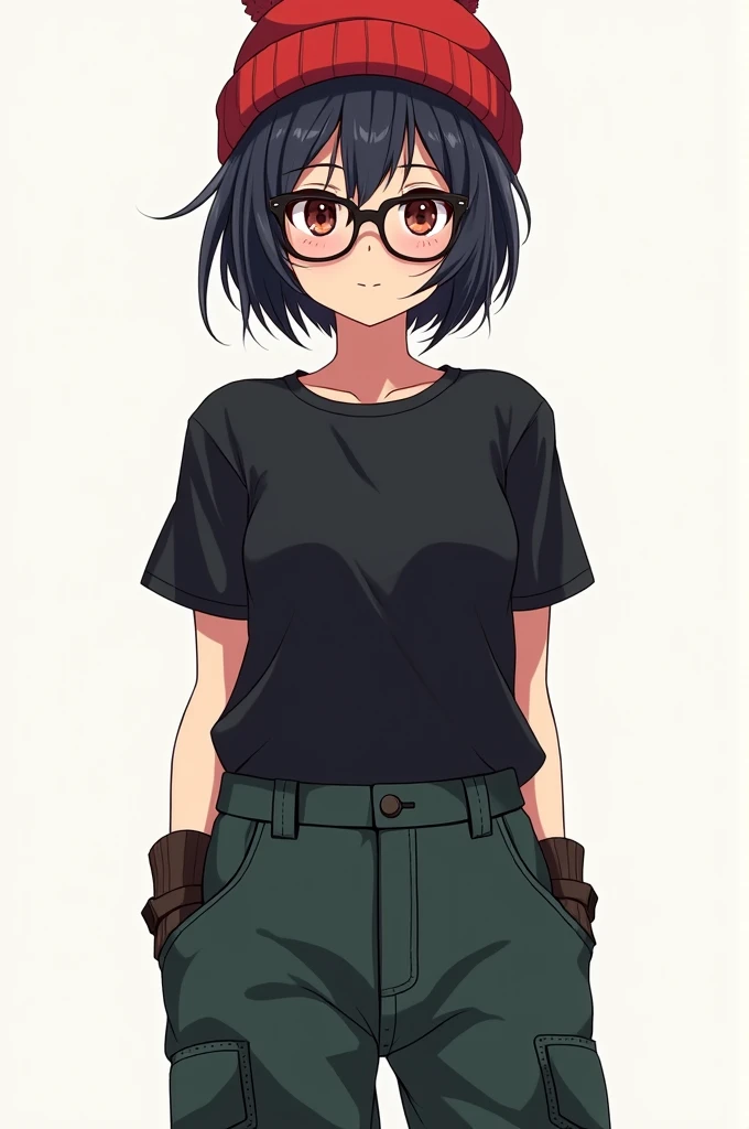 Female anime character with short black hair wearing a red mountain house beanie, glasses, black shirt, and dark green cargo pants.
