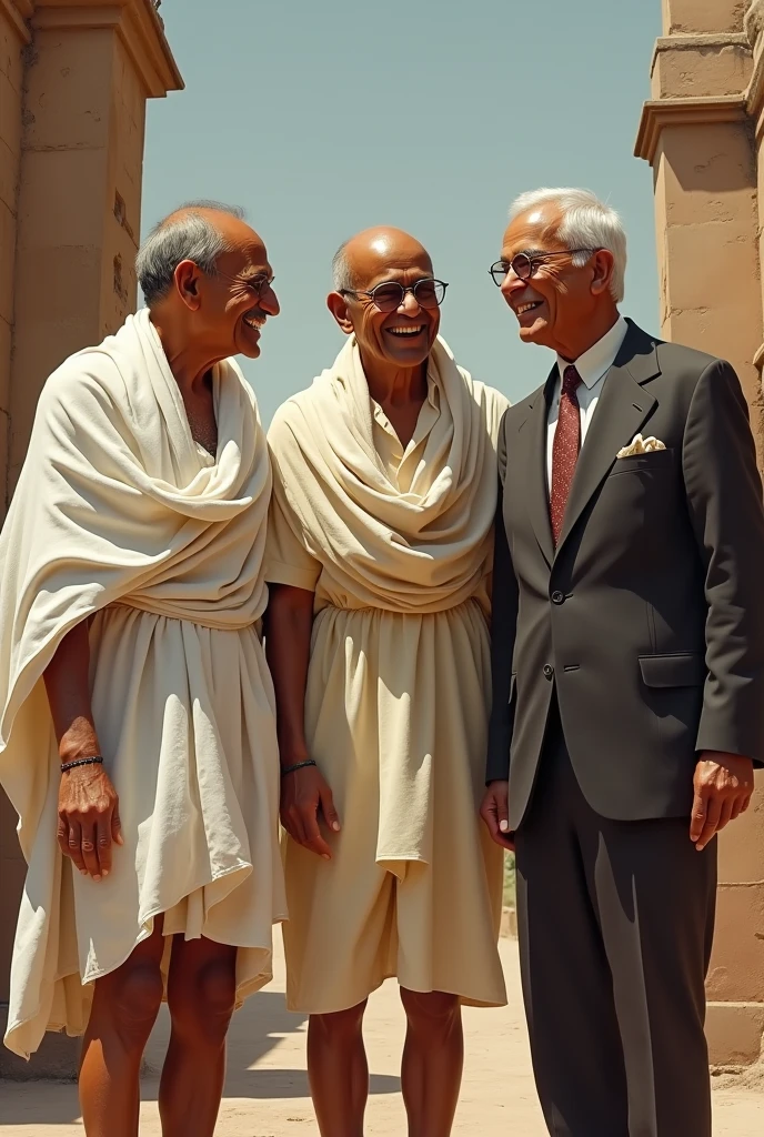 Generate an image of gandhi ji , veer savarkar and ambedkar laughing together
