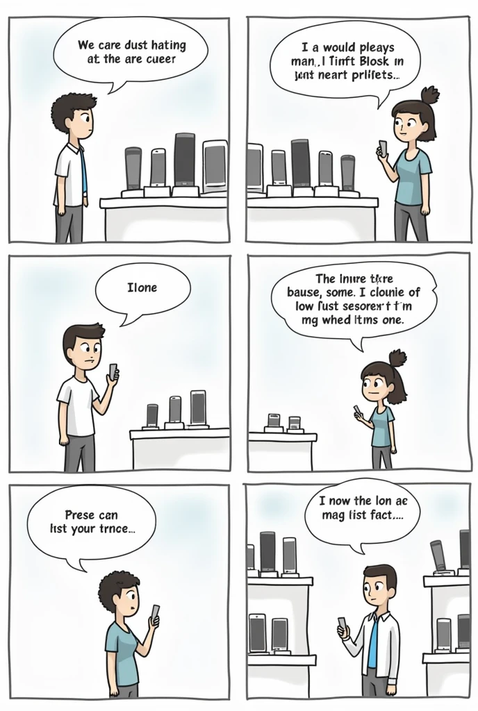 easy drawing , draw 6 frames in comic in one show
Frame 1 ( draw)
A customer looking at two similar celphone on the different shelf and each priced differently.
*Customer Thought Bubble:* "Which one is worth my money?"
Frame 2 ( draw)
A salesperson approaches and begins to explain the unique features and benefits of one product.
*Salesperson:* "This one offers extended warranty, better durability, and free customer support."
Frame 3 ( draw)
The customer compares the information they received.
*Customer Thought Bubble:* "I think this one gives me more value, even if it’s slightly more expensive."
Frame 4 ( draw)
The customer happily buys the product with added value.
*Customer:* "I’m so glad I chose this one! The extra benefits make it worth the price."
Frame 5 ( draw)
The customer uses the product and shares their experience with friends.
*Customer:* "The warranty saved me when it broke! Great value for my money."
Frame 6 (draw)
* A new customer hears the positive feedback and considers the product.
*New Customer Thought Bubble:* "Seems like a good value. I'll buy it too!"