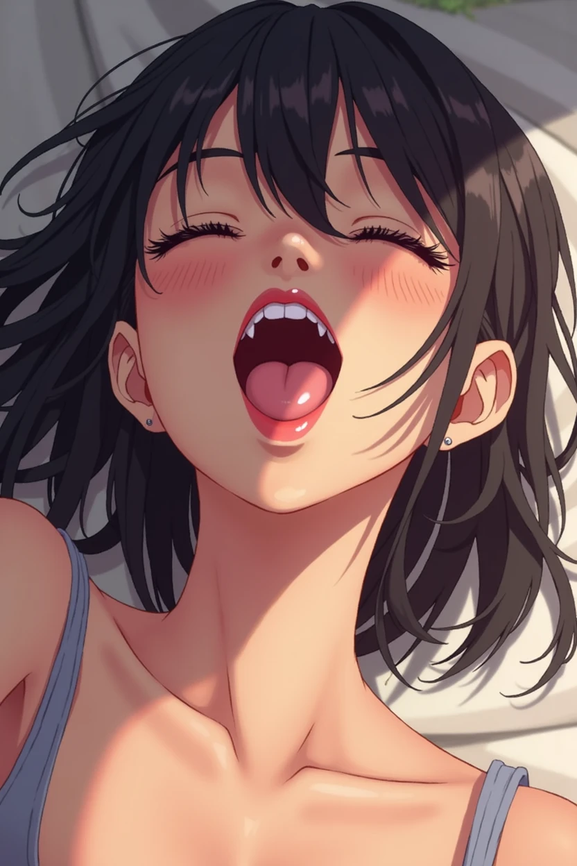 Ahegao, girl with her tongue out, looking up with saliva dripping from her mouth