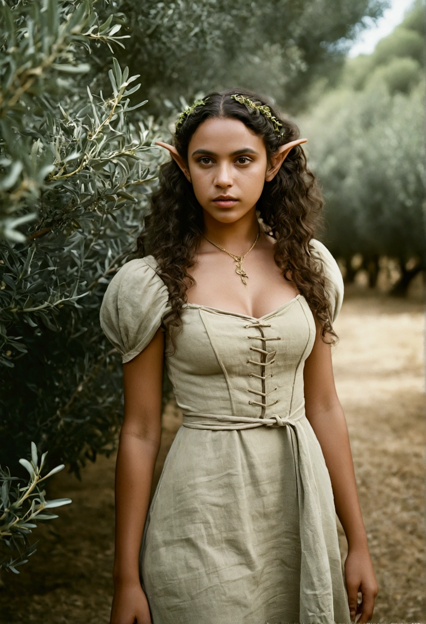 analog film photo, photo of a young elf girl, elf, elf ears, long pointy ears, long dark curls, brown complexion, full hourglass figure, voluptuous, plump round buttocks, wearing a linen mini-dress, posing in an olive grove, resembles Adria Arjona, RAW Photograph, dslr, soft lighting, high quality, film grain, Fujifilm XT3, detailed skin with visible pores, insane details, masterpiece, 8k, 35mm photograph, dslr, kodachrome, faded film, desaturated, grainy, vintage, Lomography, stained, highly detailed, found footage, close-up shot, elven ears