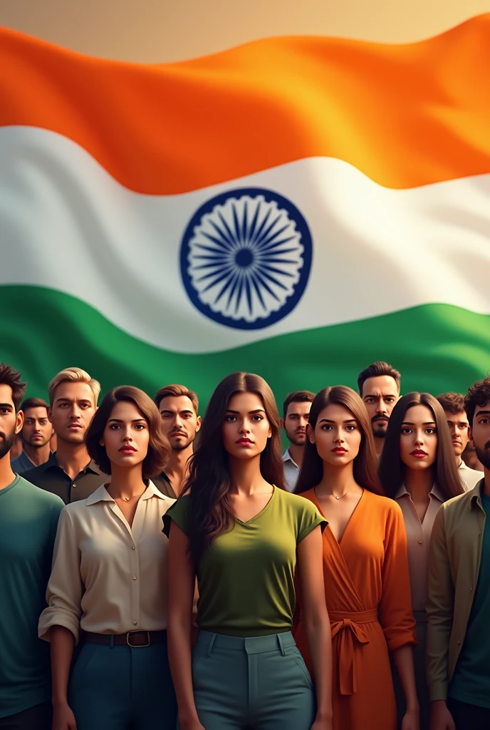 People standing together with Indian flag background 
