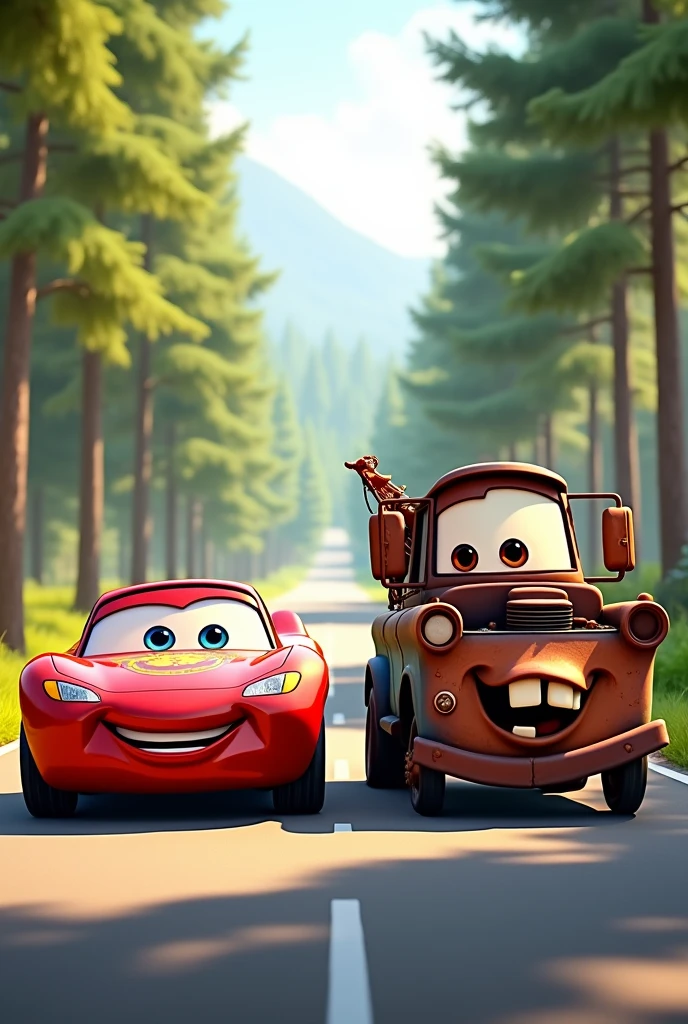 「Two animated cars、one with a glossy surface and large, expressive eyes、a sleek red sports car with a confident grin、the other is a rusty old tow truck with a warm and friendly smile、drive side-by-side down a scenic, sun-drenched road。the red car's metal surface reflects the soft sunlight, creating a sophisticated look、the rusty metal of the tow truck stands in contrast to its cheerful demeanor、towering pine trees with lush green leaves cast dancing shadows on the road around them」