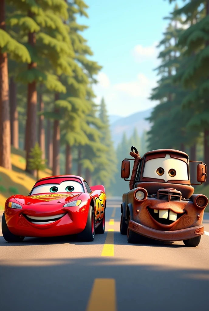 「Two animated cars、one with a glossy surface and large, expressive eyes、a sleek red sports car with a confident grin、the other is a rusty old tow truck with a warm and friendly smile、drive side-by-side down a scenic, sun-drenched road。the red car's metal surface reflects the soft sunlight, creating a sophisticated look、the rusty metal of the tow truck stands in contrast to its cheerful demeanor、towering pine trees with lush green leaves cast dancing shadows on the road around them」