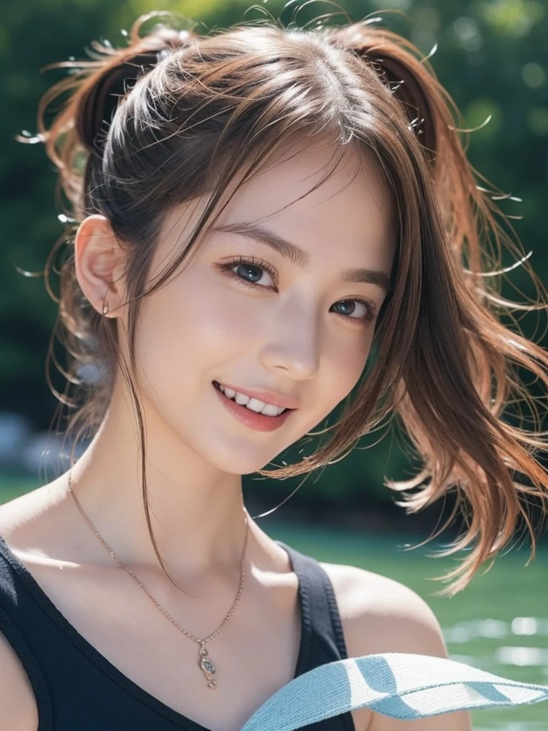 (RAW Photos, Highest quality), (Realistic, photo-Realistic:1.3), masterpiece, Very delicate and beautiful, Very detailed, CG, Unity , 2k wallpaper, wonderful, In detail, A light smile, Very detailed CG Unity 8k wallpaper, Large file size, Very detailedな, High resolution, Absurd, Soft Light,Ride a jet ski,Swimwear,ponytail
