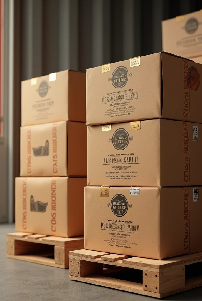 (photorealism:1.2), Show boxes WITH STRAPS AROUND THE BOXES FOR TRANSPORT AND ON PALLETS and with instructions on how to handle the box. But these boxes should have the company name "DELICIAS GOURMET SA" that makes whole grain cookies with nuts



